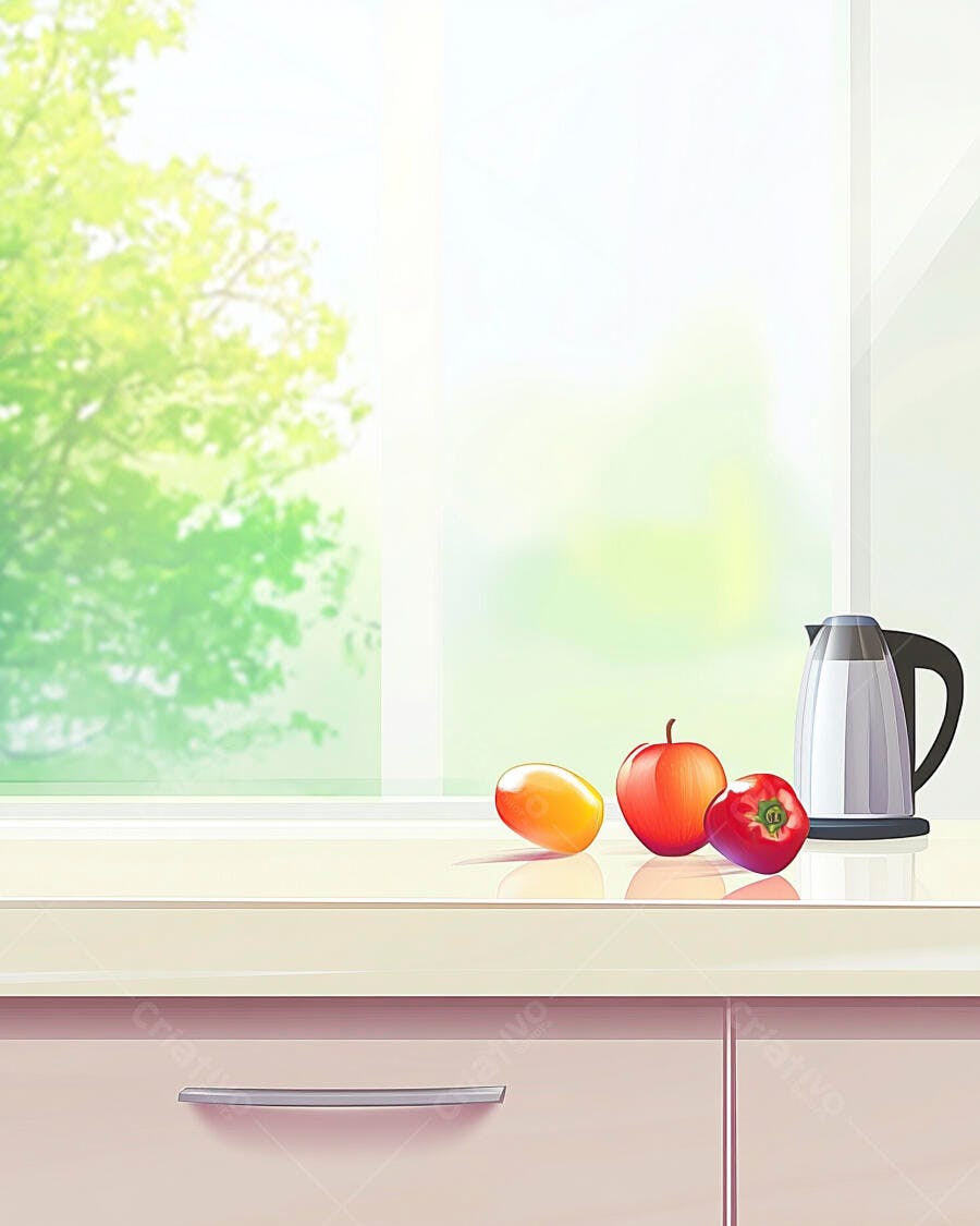 Frutas chaleira na bancada da cozinha com vista verde e luz natural