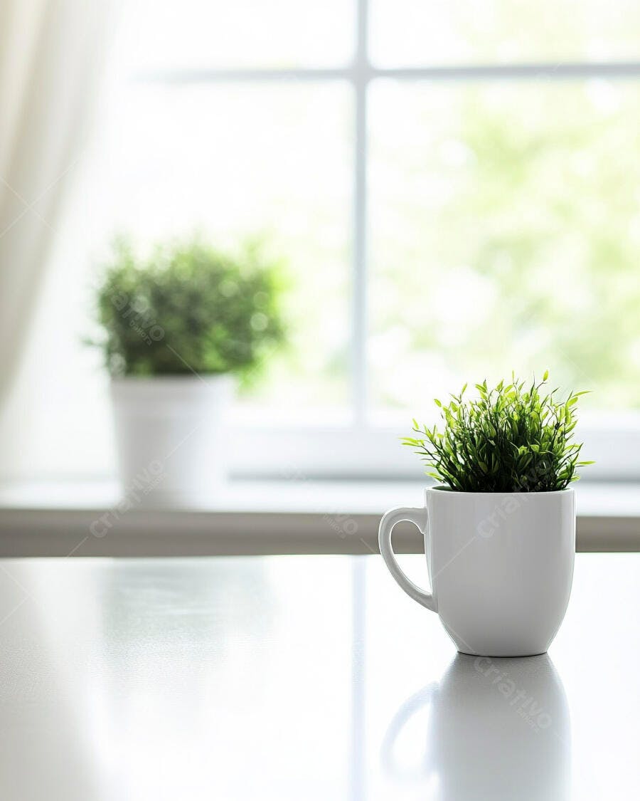 Planta verde em caneca branca decorando mesa clara perto de janela iluminada