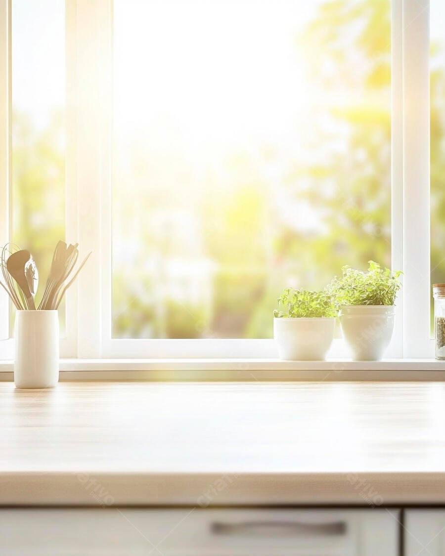 Cozinha iluminada com ervas frescas e utensílios ao amanhecer