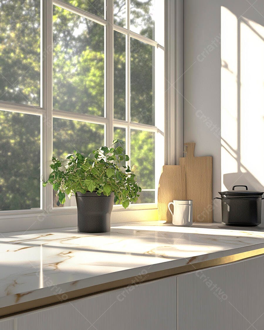 Cozinha moderna com planta verde na janela iluminada pelo sol