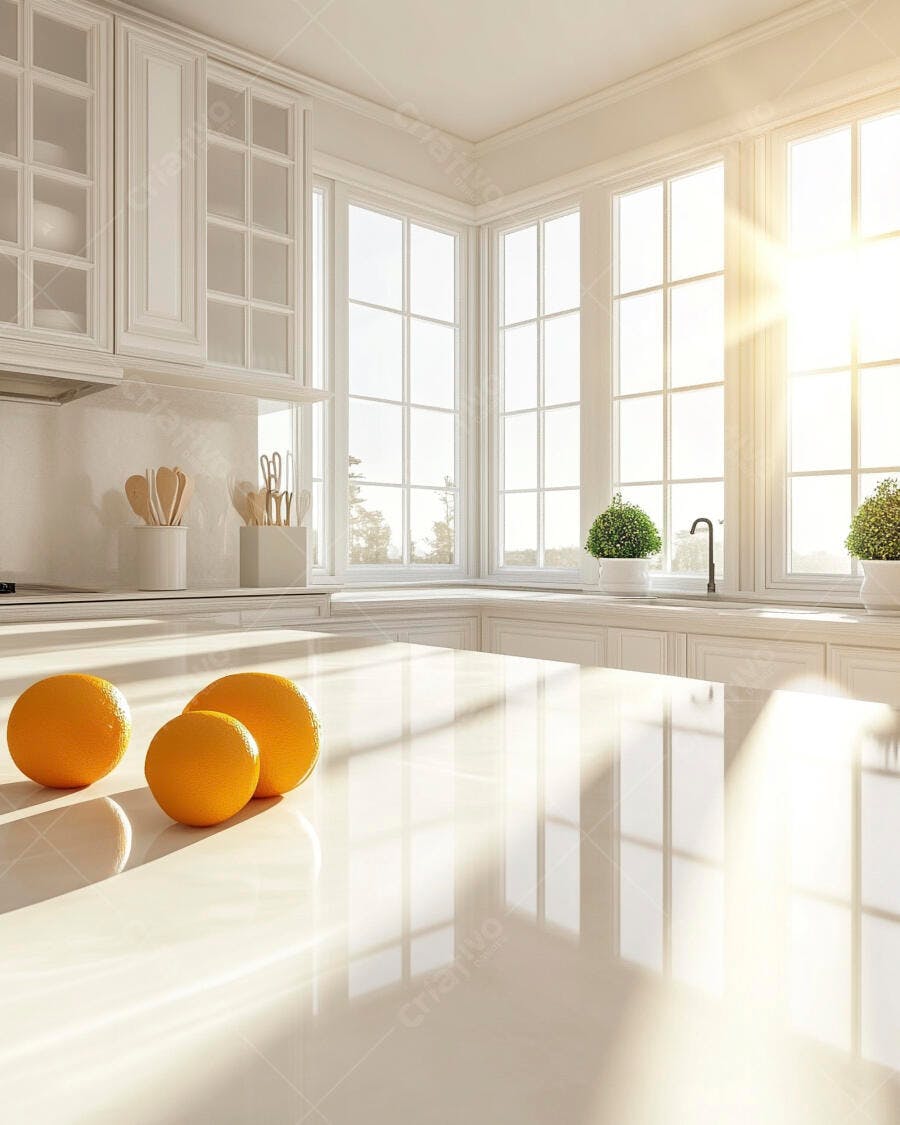 Cozinha moderna branca ensolarada com laranjas na bancada iluminada