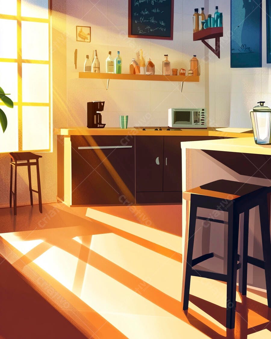 Cozinha moderna iluminada pelo sol da manhã com banquinhos de bar