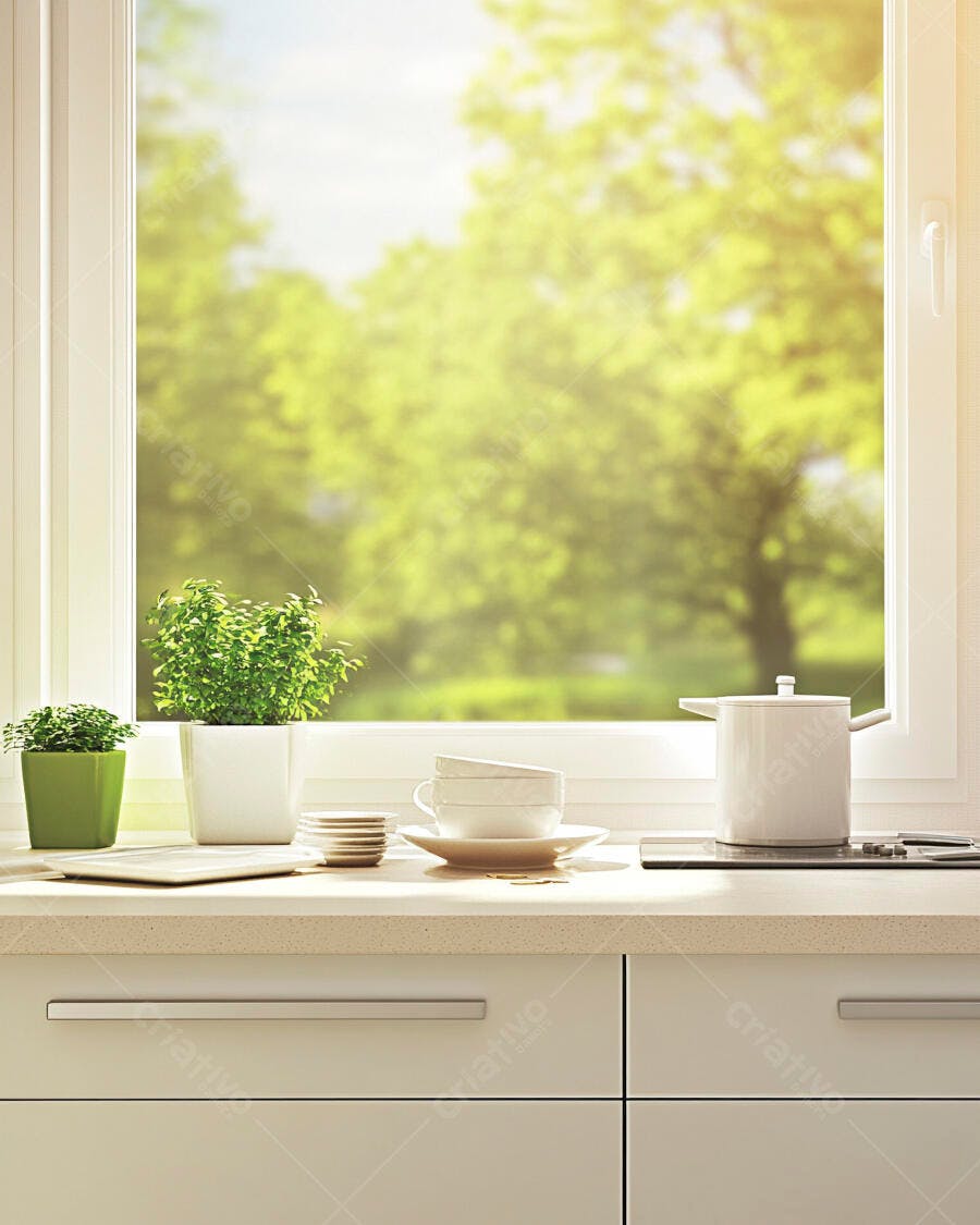 Cozinha moderna com plantas na janela luz solar brilhante sobre bancada branca