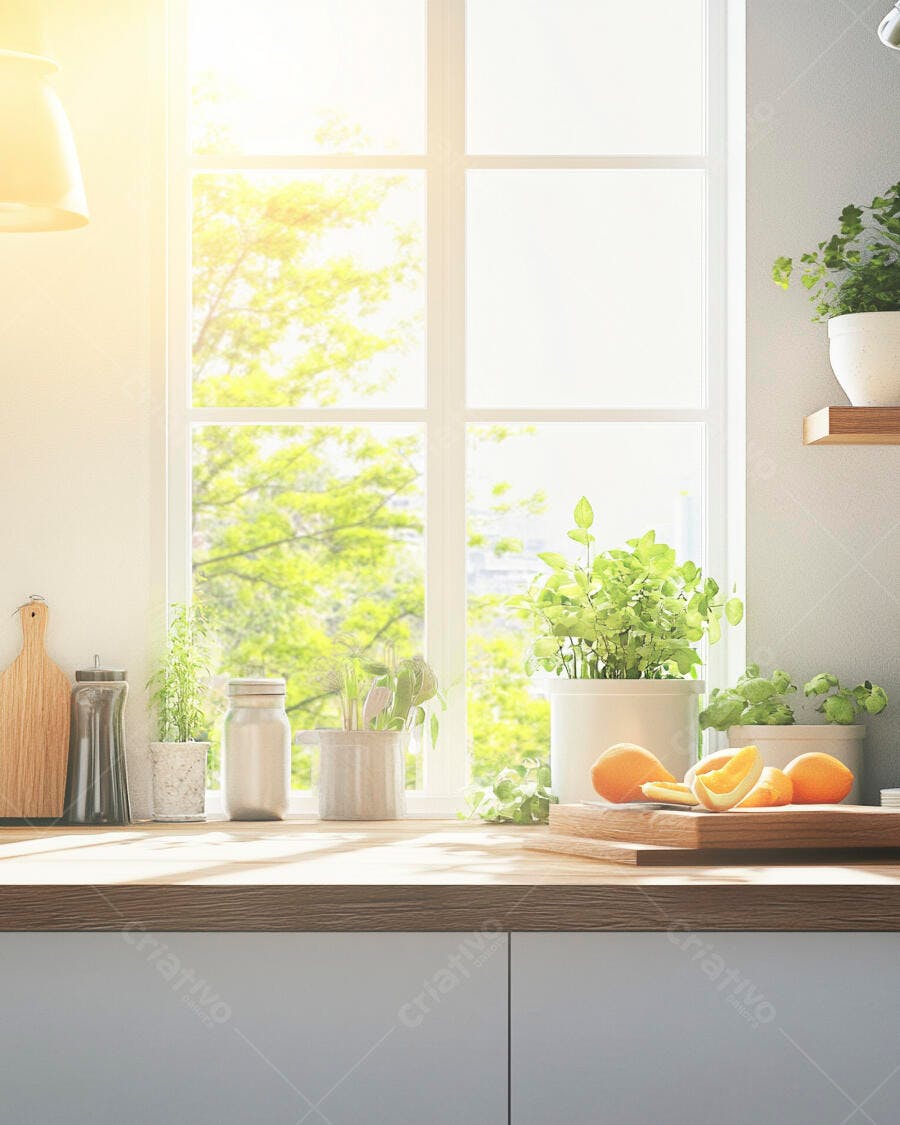 Bancada de cozinha moderna e ensolarada com plantas e laranjas frescas à janela