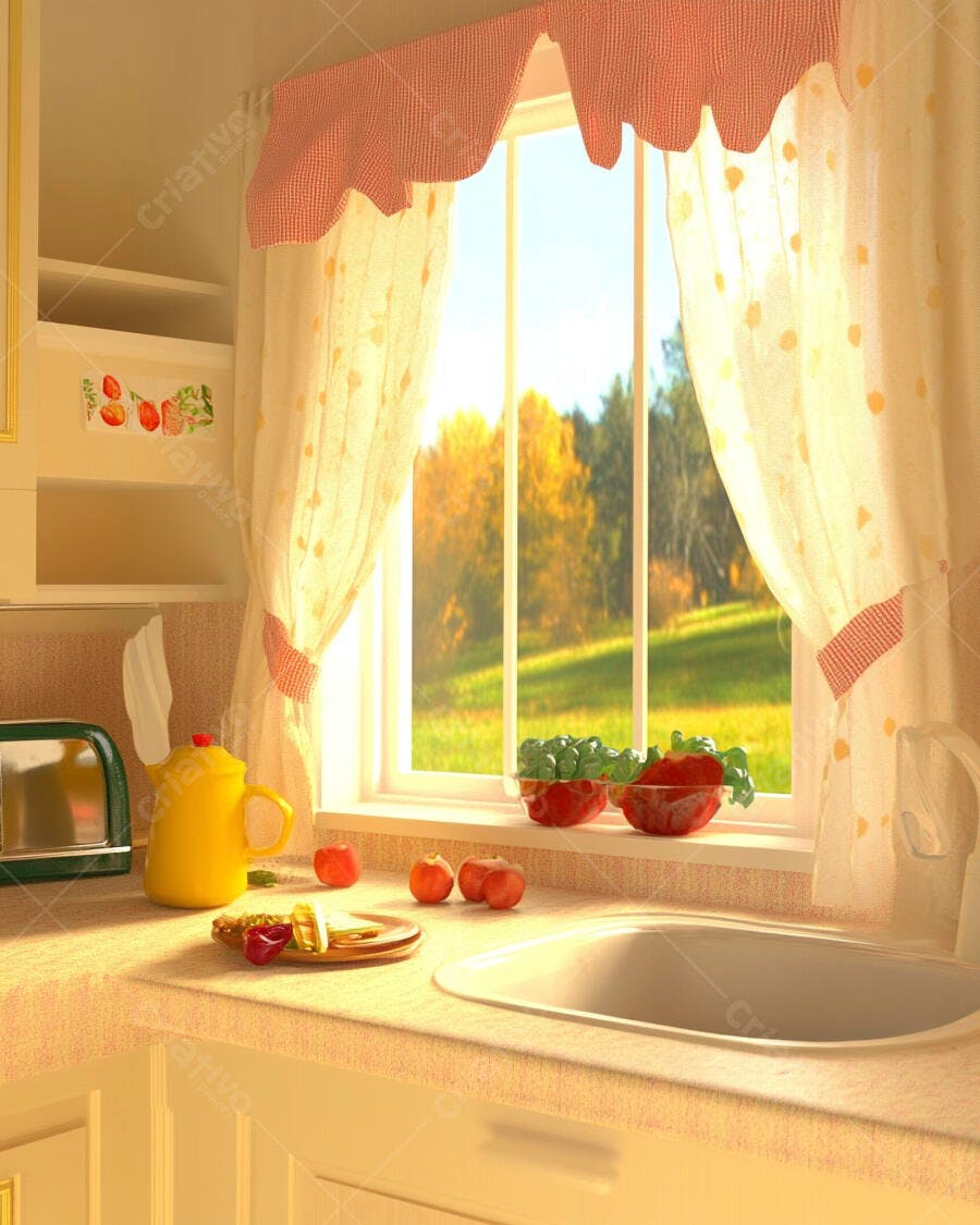 Cozinha iluminada frutas frescas na bancada e vista ensolarada da janela
