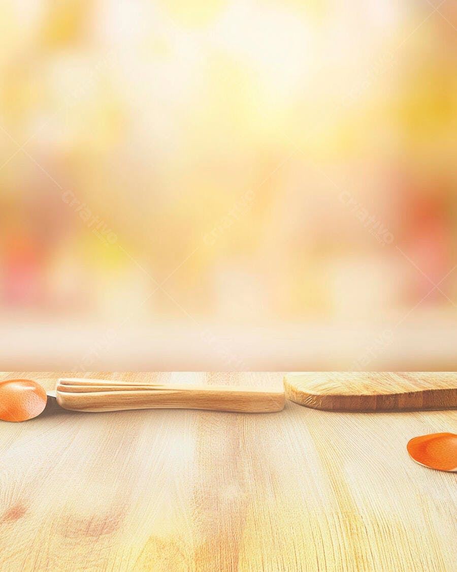 Mesa de madeira clara e utensílios em cenário de cozinha com sol