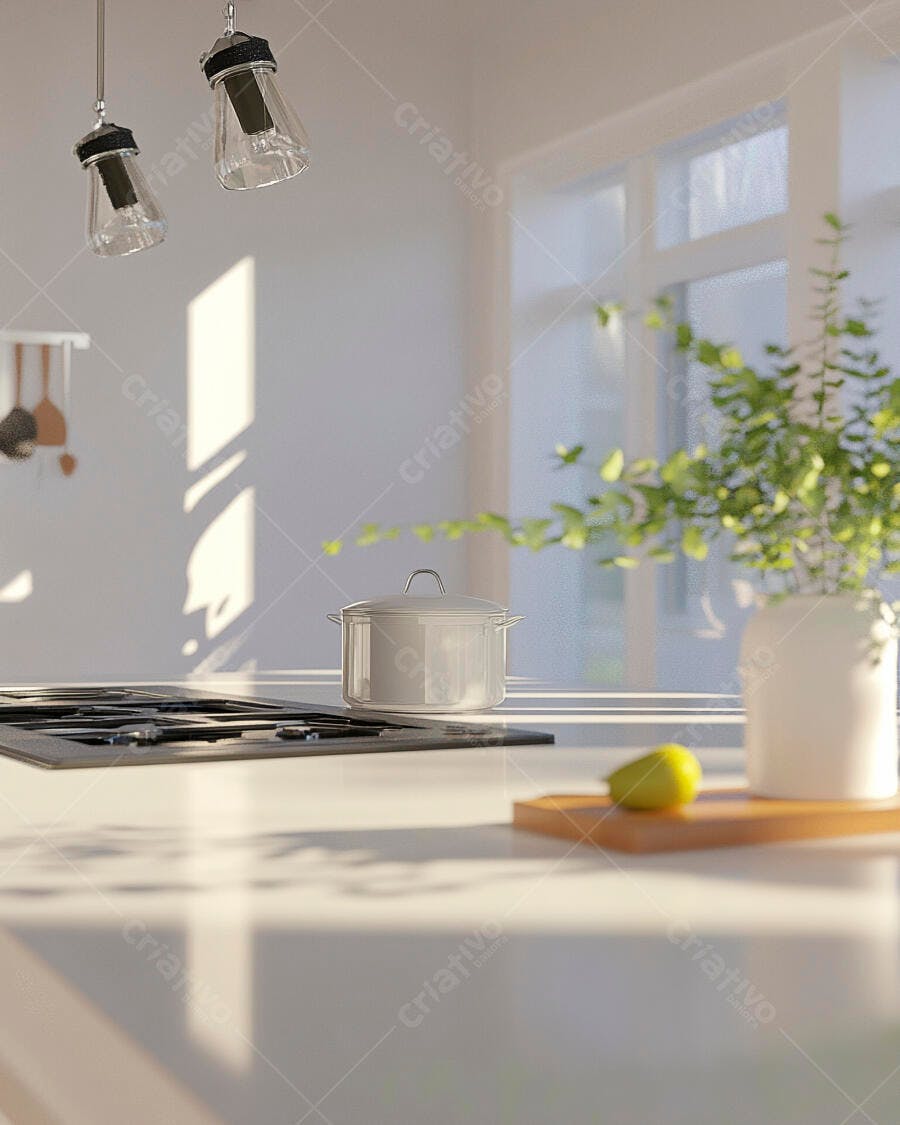 Cozinha moderna branca com panela fogão e luz solar matinal