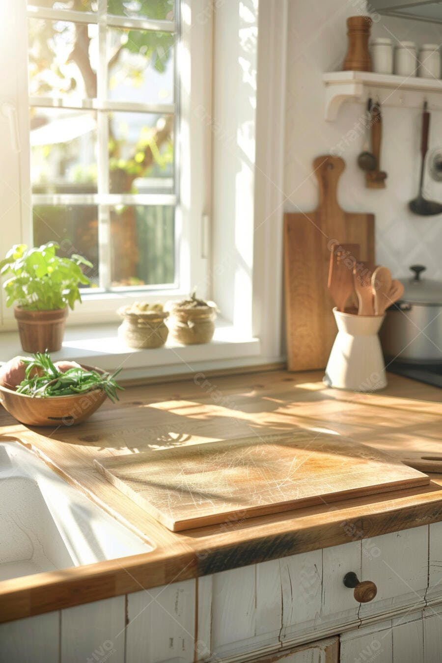 Cozinha rústica iluminada pelo sol matinal com tábua de corte e ervas frescas
