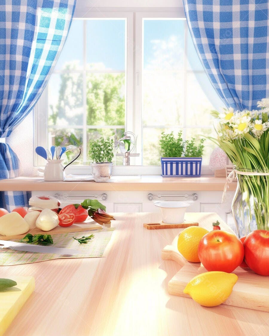 Cozinha iluminada com frutas e verduras frescas na bancada azul e branca