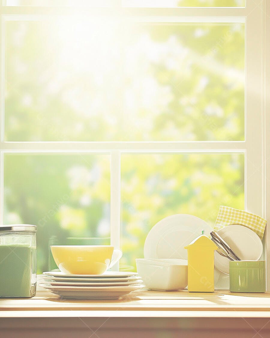 Louça limpa e utensílios coloridos na bancada da cozinha com luz do sol