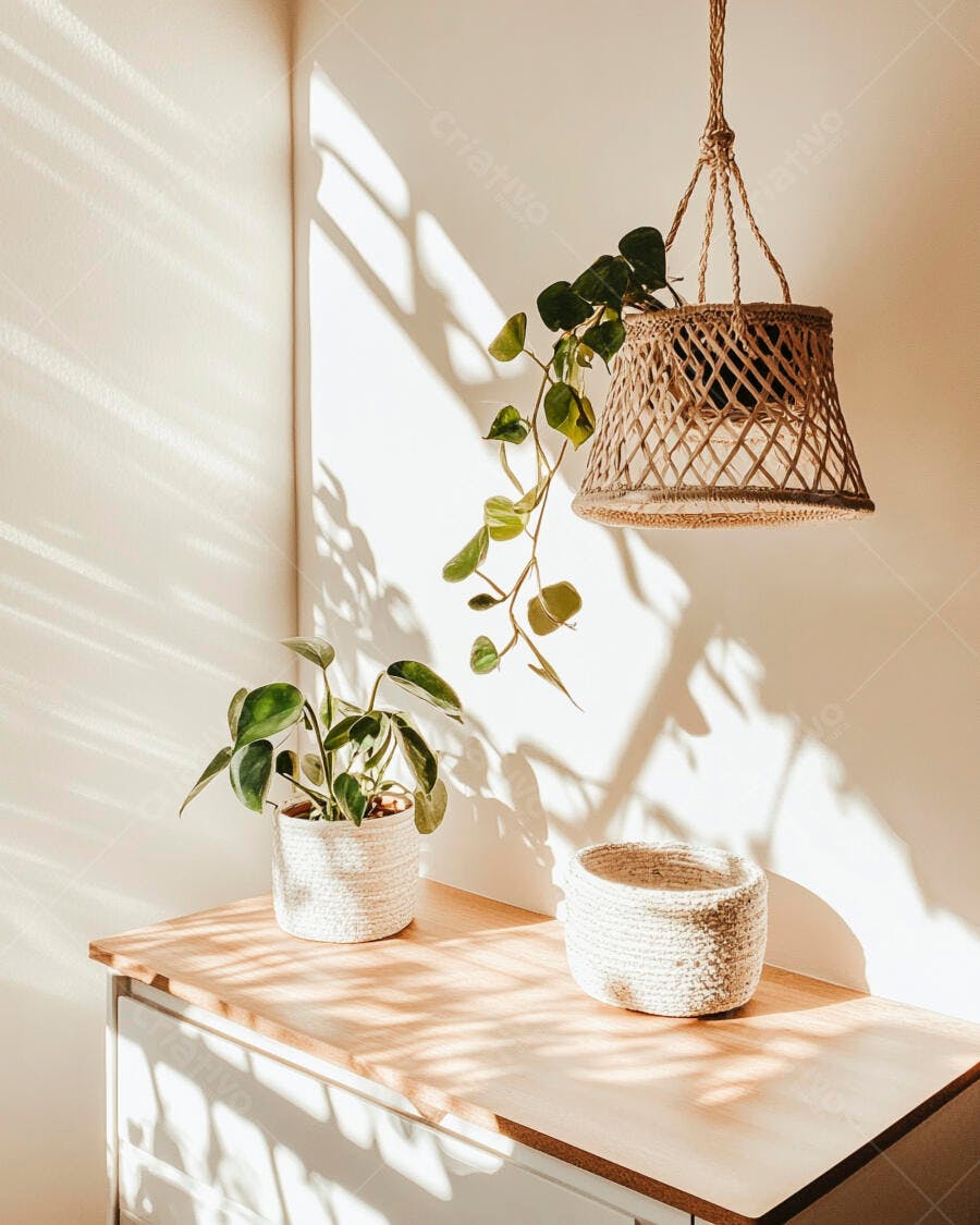 Plantas em vasos de corda e cestos decorativos com luz solar e sombras