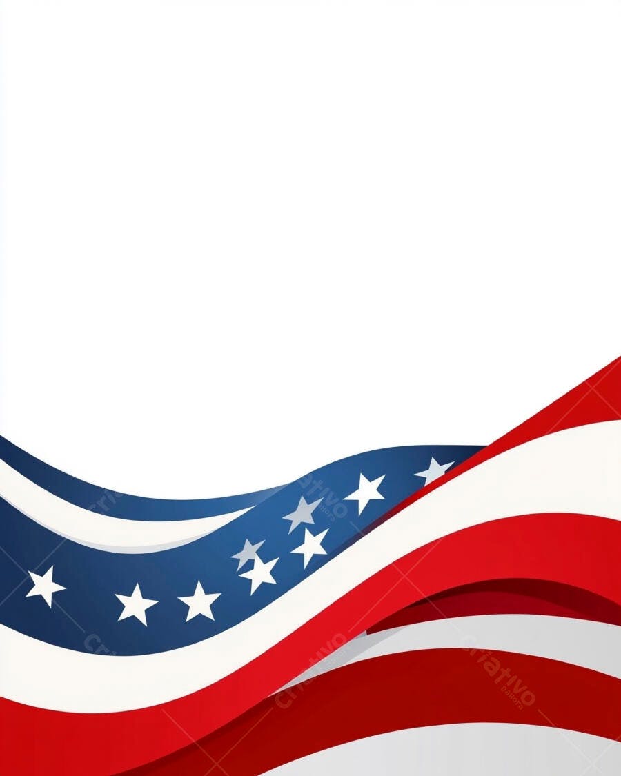 Bandeira americana com estrelas e listras onduladas em fundo branco