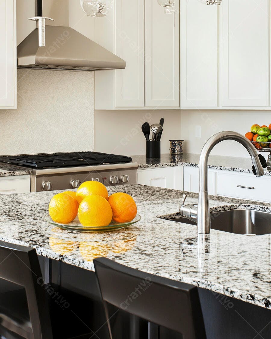 Cozinha moderna com ilha de granito laranjas frescas e eletrodomésticos de aço inox