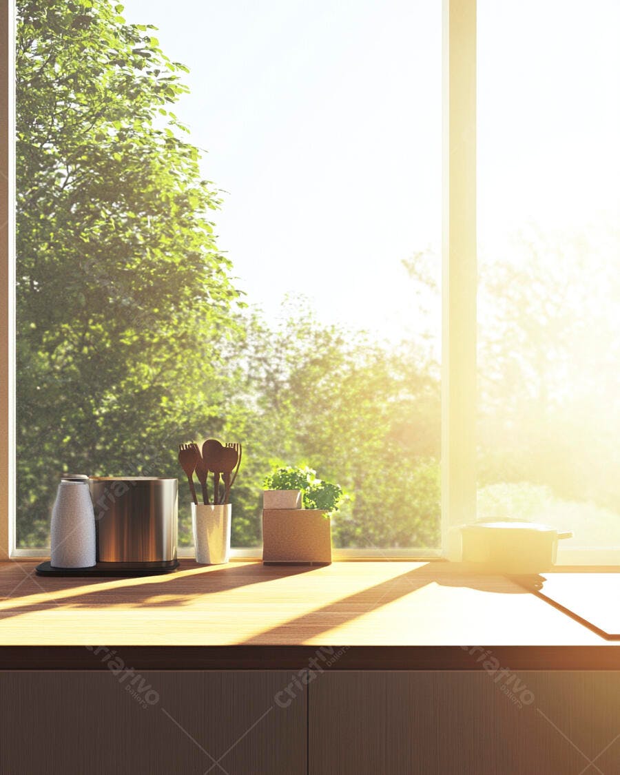 Bancada de cozinha com utensílios e planta sob luz solar natural da manhã