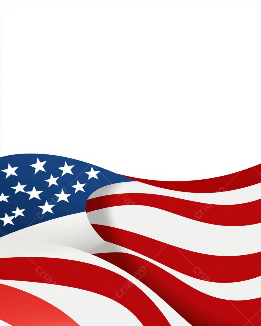 Bandeira americana ondulada com estrelas e listras vermelhas e brancas em fundo branco