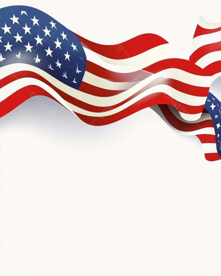 Bandeira Americana ondulando com listras vermelhas e estrelas em fundo branco