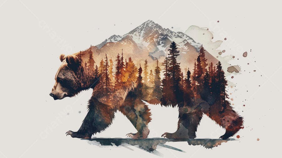 Urso pardo em arte aquarela com floresta e montanhas nevadas
