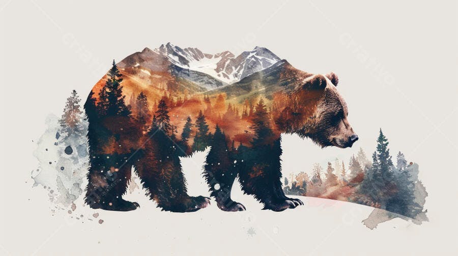 Urso pardo dupla exposição com montanhas e floresta aquarelada