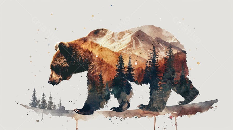 Urso pardo em aquarela com montanhas e floresta dentro da silhueta