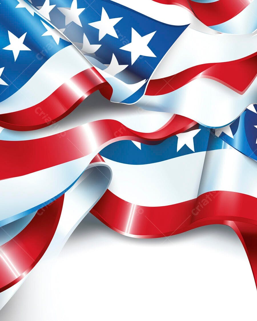 Bandeira americana ondulando em design gráfico patriótico com fundo branco