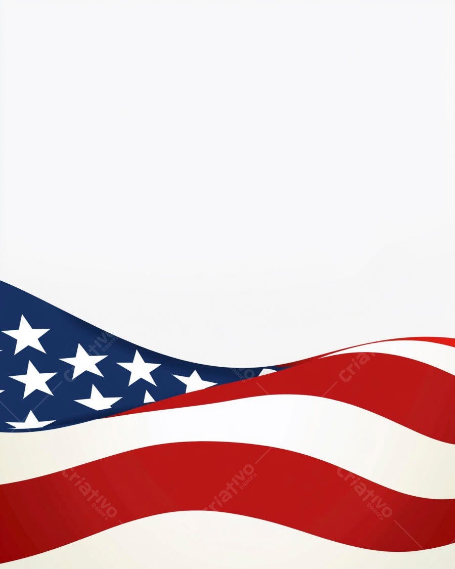 Bandeira americana ondulando em fundo branco com espaço para texto patriótico