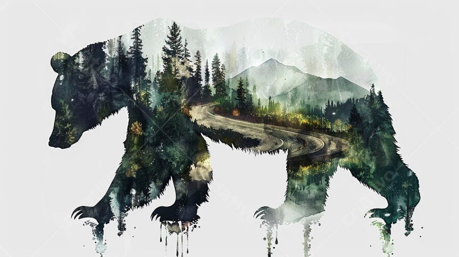 Urso silhueta com floresta e estrada montanha arte digital