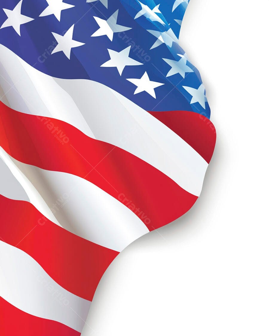 Bandeira dos Estados Unidos ondulando com estrelas e listras em fundo branco vibrante