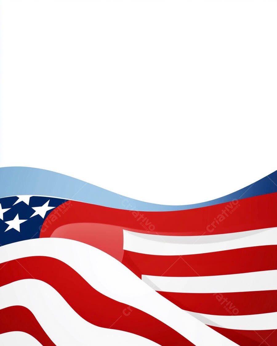 Bandeira Americana ondulando com estrelas e listras coloridas em fundo branco