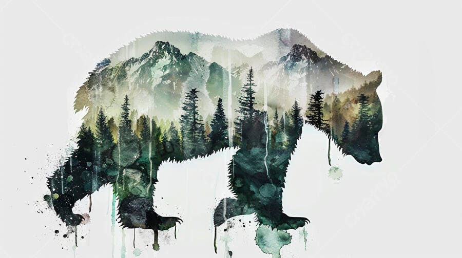 Urso silhueta floresta montanhas estilo aquarela e natureza selvagem