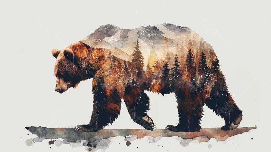 Urso pardo com floresta e montanhas dentro em arte de dupla exposição