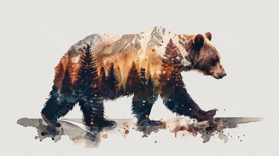 Urso pardo caminhando com paisagem de floresta e montanhas ao fundo estilo aquarela