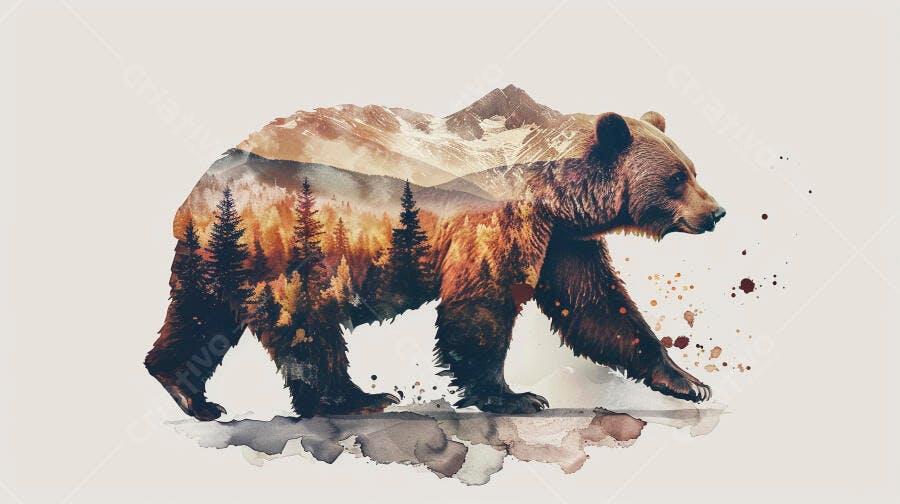 Urso pardo com montanhas nevadas e floresta de pinheiros em dupla exposição aquarela