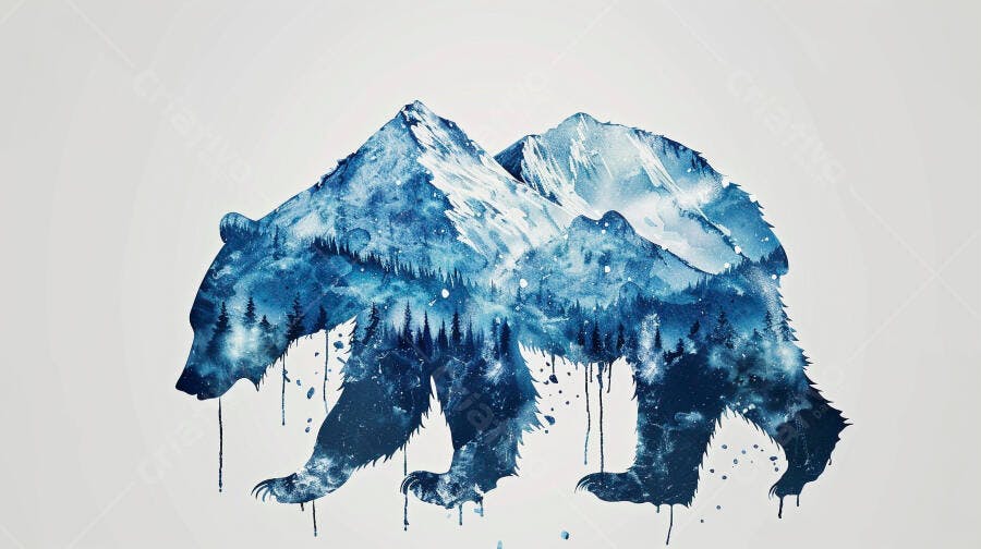 Urso silhueta azul com montanhas nevadas e floresta em arte aquarela digital