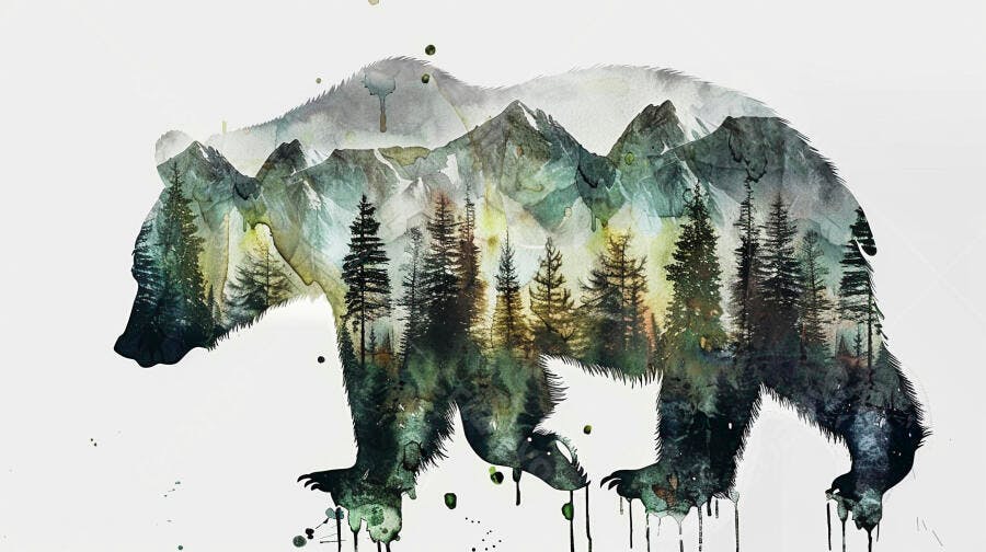 Urso silhueta paisagem florestal montanhas arte aquarela verde e azul