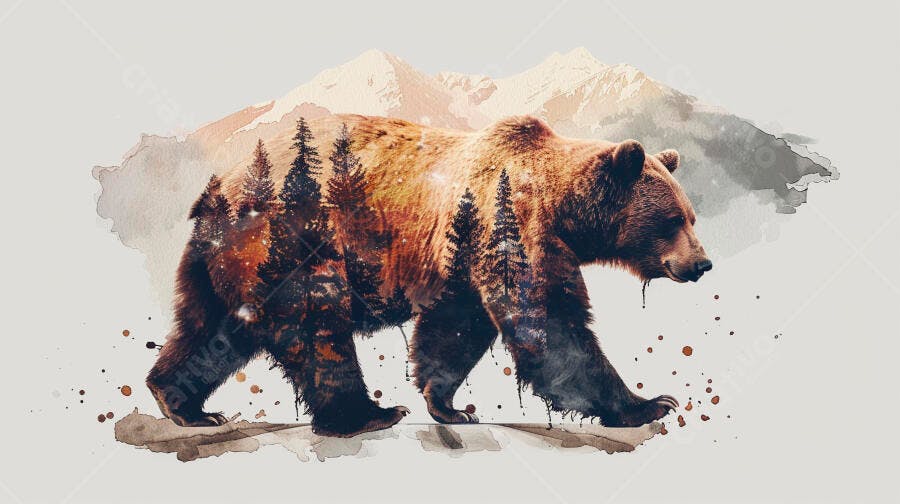 Urso pardo arte aquarela dupla exposição floresta e montanhas