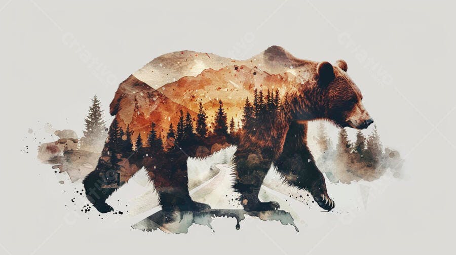 Urso pardo em arte aquarela com paisagem montanhosa e floresta outonal