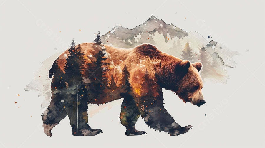Urso pardo marrom com floresta e montanhas aquarela caminhando na natureza