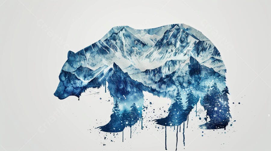 Urso azul aquarela com montanhas e floresta nevada arte abstrata