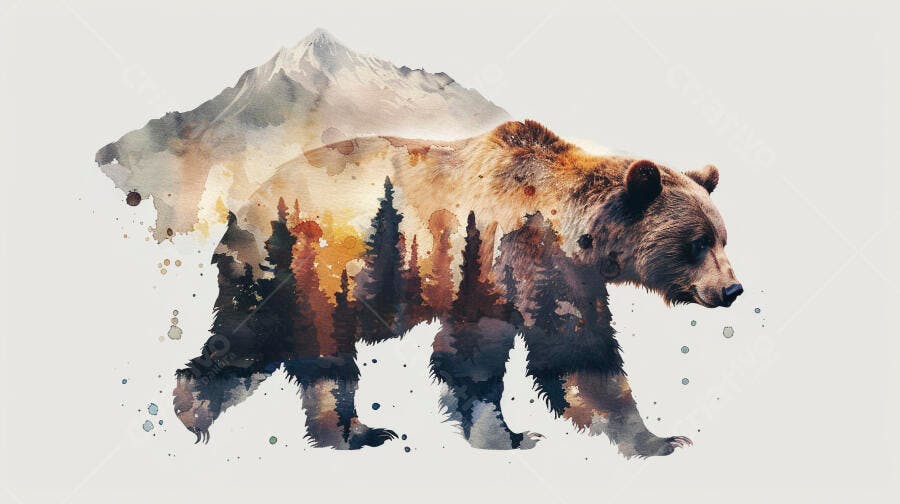 Urso pardo caminhando com montanha e floresta em aquarela arte digital