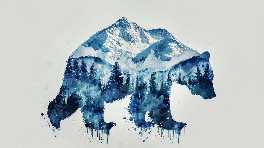 Urso azul com montanhas e floresta de pinheiros nevados arte aquarela