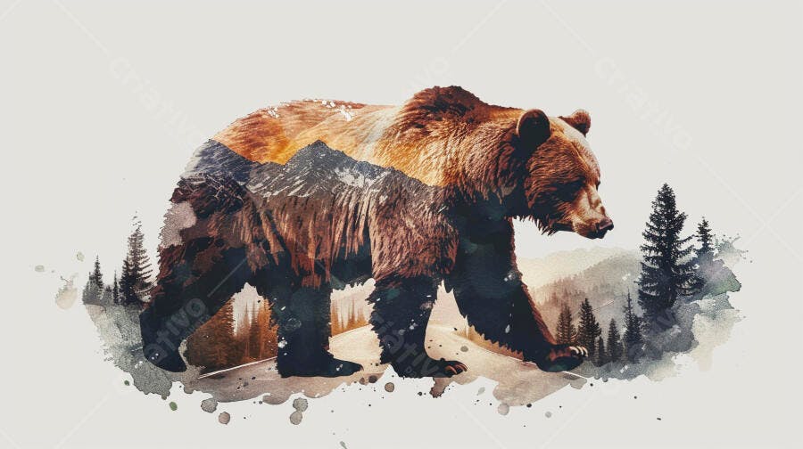 Urso pardo com paisagem montanhosa e floresta em arte digital aquarela