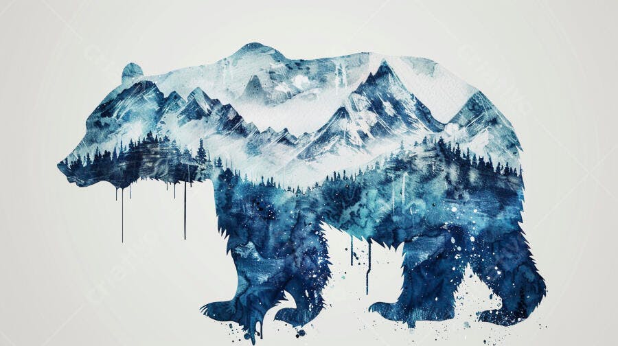 Urso silhueta com montanhas nevadas e floresta azul em aquarela