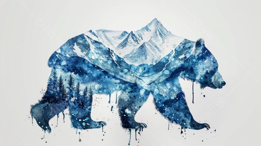 Urso azul aquarela com montanhas nevadas e floresta de pinheiros arte abstrata