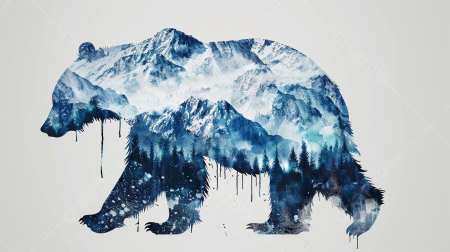 Urso silhueta com montanhas nevadas e floresta de pinheiros arte aquarela