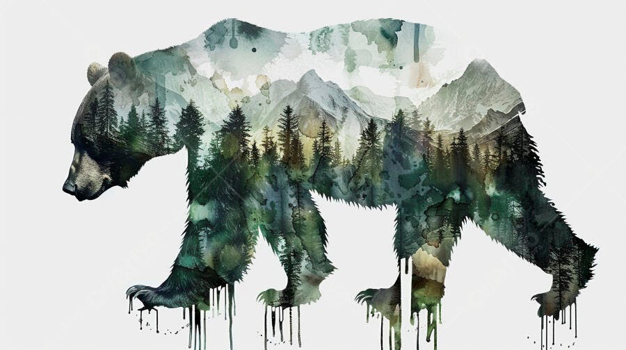 Urso pardo em aquarela com floresta e montanhas dentro da silhueta
