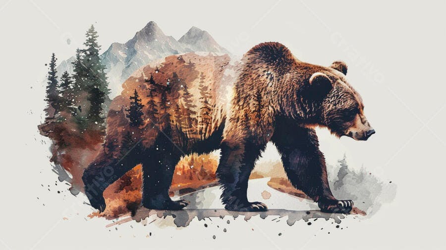 Urso pardo caminhando com paisagem de floresta e montanhas em arte aquarela