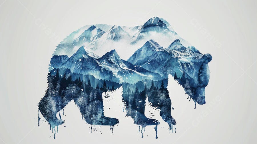 Urso em silhueta com montanhas nevadas e floresta azul arte digital