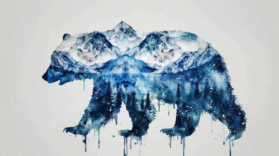 Urso em aquarela com paisagem de montanhas e floresta azul