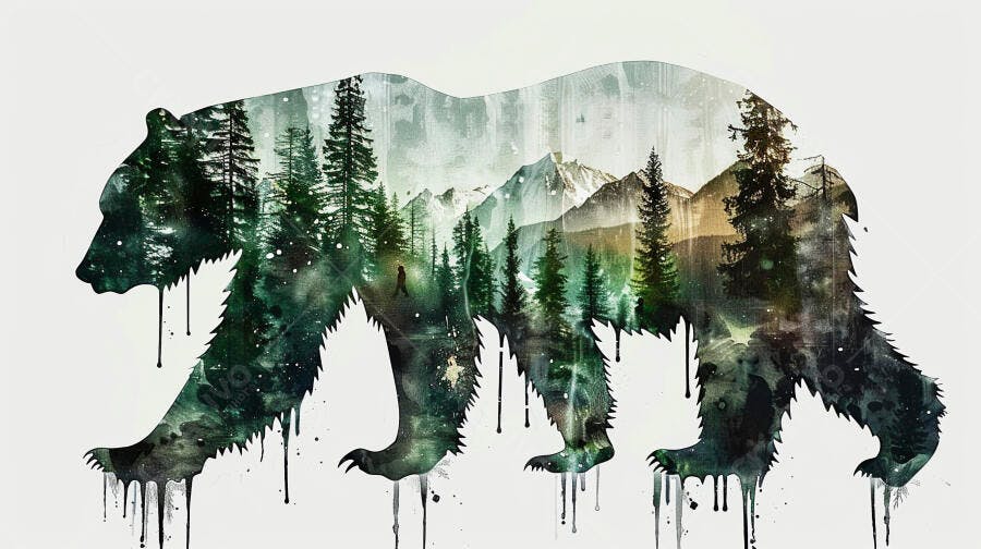 Urso silhueta com floresta montanhas e pessoa estilo aquarela