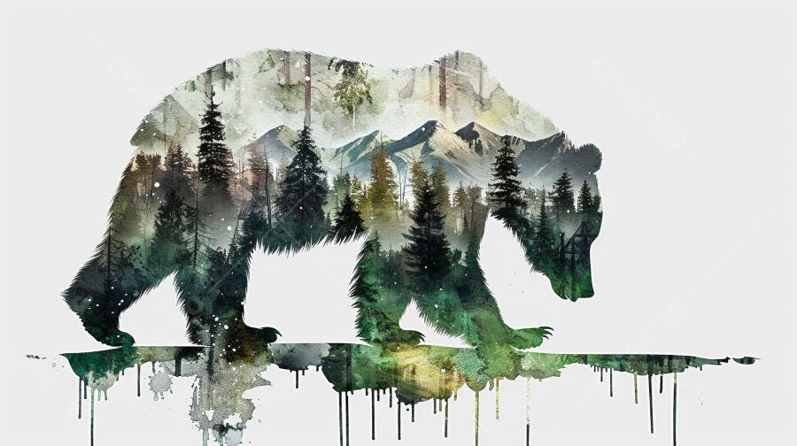 Urso pardo silhueta com floresta montanhas e pinheiros verdes aquarela